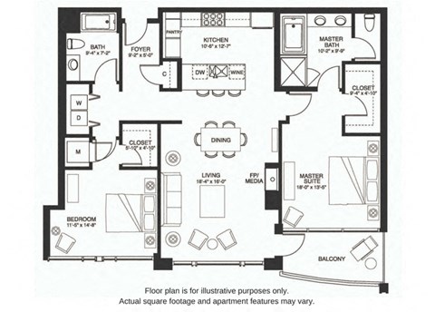 Floor plan for 2 beds, 2 baths, 1438 sqft